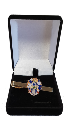 Tie crest slide with the Institute of Quarrying logo on, presented in a black velvet box.