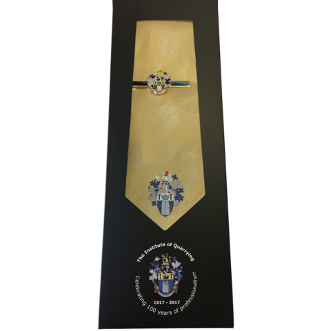 A golden coloured silk tie with the Institute of Quarrying logo on.